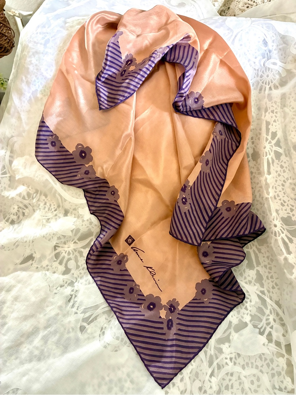 Vintage 1970’s Anne Klein Peach Silk Scarf with Purple Floral Border